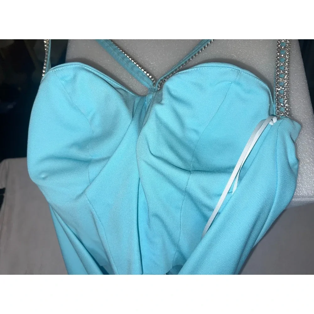 Nicole Bakti Turquoise Blue Rhinestone Ruched Formal Prom Gown Dress Womens Sz S - Picture 4 of 12
